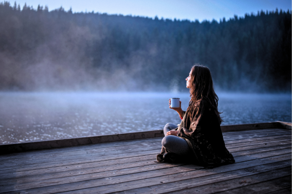 Relaxing and Sipping Coffee at The Lake