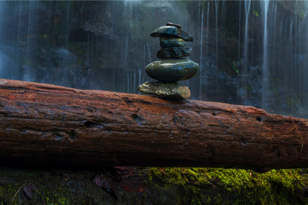 Stacked Rocks Supported by Fallen Tree